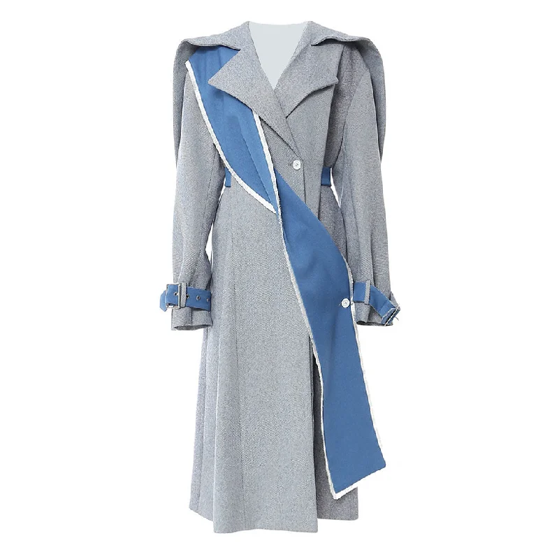 New Deals Contrast Oversized Lapel Draped Wrap Belted Cuff Herringbone Trench Coat