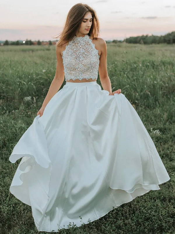 Buy Now A Line Two Pieces Lace White Prom Dresses, White Lace Formal Dresses, Two Pieces White Evening Dresses
