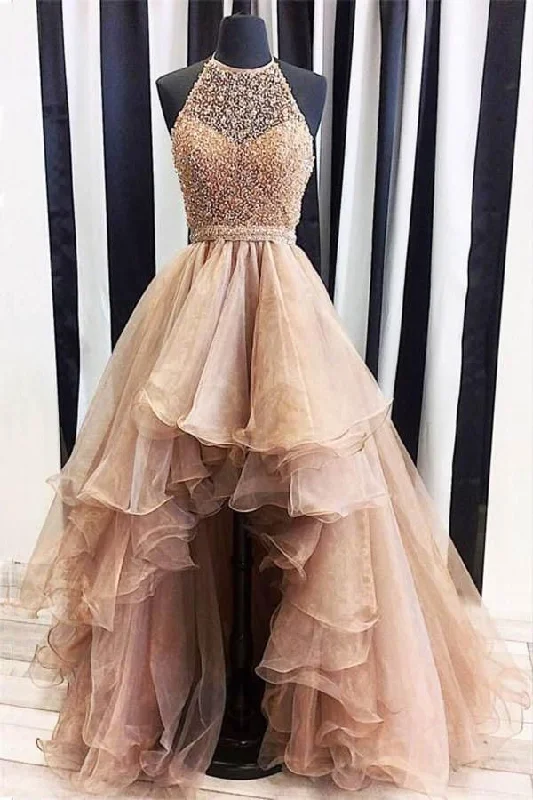 structured dressstructured dressBeaded Coffee High Low Prom Dress