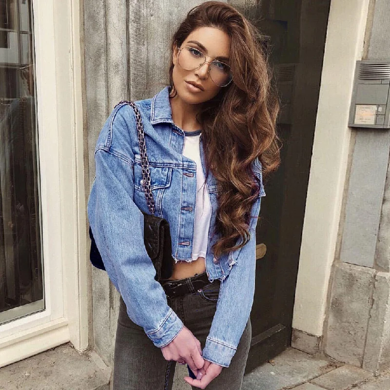 Price Rollback Trendy Raw Trim Long Sleeve Single Breasted Crop Denim Jacket - Blue