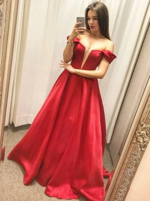 Bargain Prices V Neck Satin Off the Shoulder Long Red Prom Dresses, Off Shoulder Red Formal Dresses, Red Evening Dresses Bargain Prices V Neck Satin Off the Shoulder Long Red Prom Dresses, Off Shoulder Red Formal Dresses, Red Evening Dresses