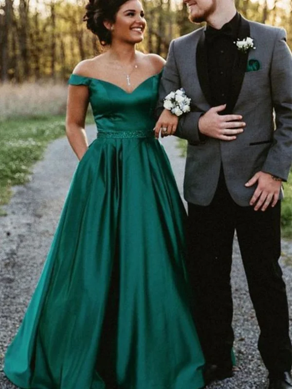 Price Buster Off Shoulder Green Satin Long Prom Dresses, Off the Shoulder Formal Dresses, Green Evening Dresses SP2529
