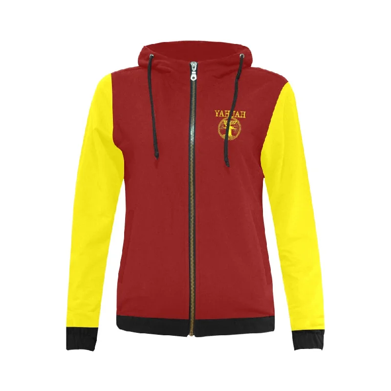 Price Buster Yahuah-Tree of Life 02-01 Red Ladies Designer Full Zip Hoodie