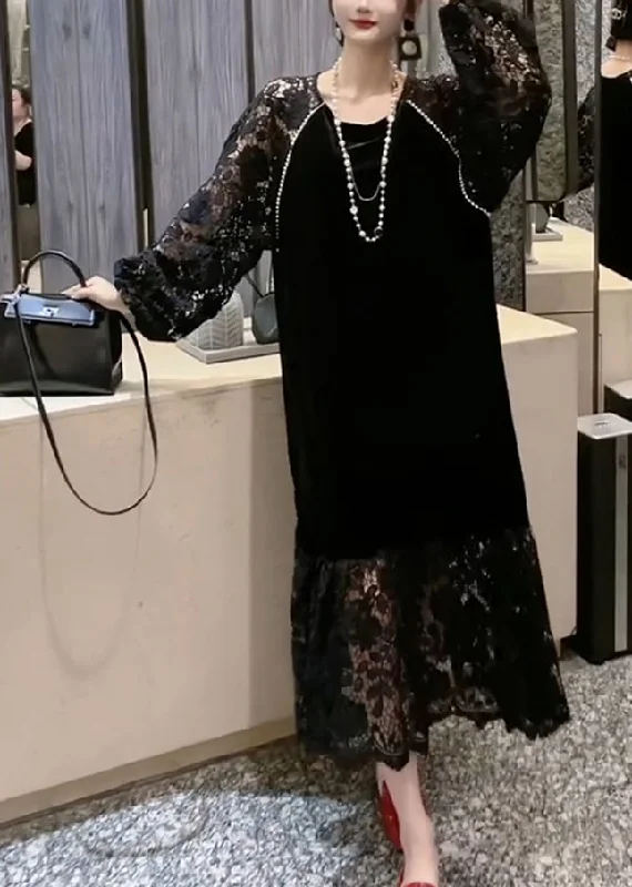 Exclusive Deal French Black O-Neck Patchwork Hollow Out Lace Holiday Long Dress Long Sleeve Exclusive Deal French Black O-Neck Patchwork Hollow Out Lace Holiday Long Dress Long Sleeve