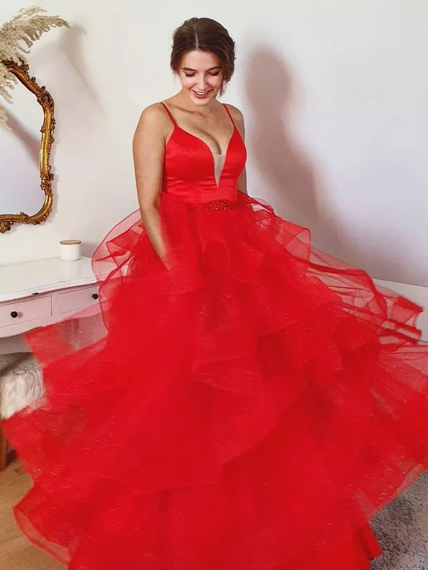 Exclusive Offers Shiny V Neck Open Back Puffy Red Tulle Long Prom Dresses, Red Tulle Formal Evening Dresses SP2293 Exclusive Offers Shiny V Neck Open Back Puffy Red Tulle Long Prom Dresses, Red Tulle Formal Evening Dresses SP2293
