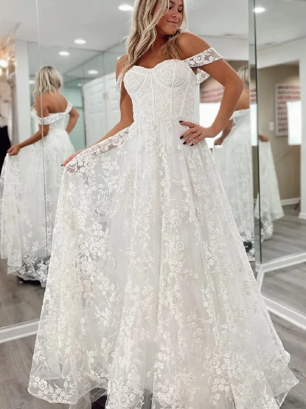 casual day dresscasual day dressOff Shoulder White Lace Long Prom Dresses, White Lace Wedding Dresses, Long White Formal Evening Dresses SP2639