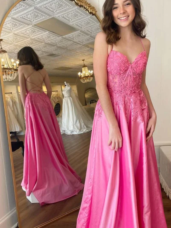 vintage-inspired dressvintage-inspired dressA Line V Neck Backless Pink Lace Long Prom Dresses, Pink Lace Formal Dresses, Pink Evening Dresses SP2581