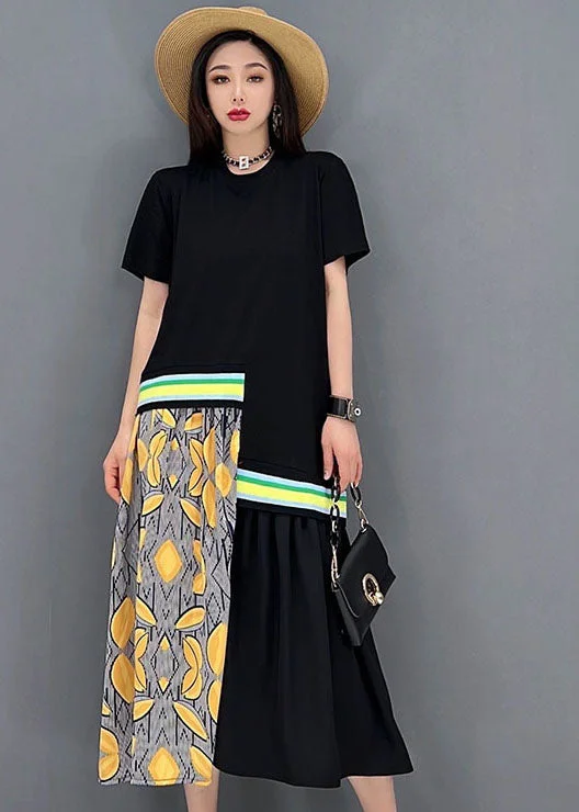 sleek dresssleek dressBlack Patchwork Cotton Vacation Pleated Dresses O-Neck Print Short Sleeve