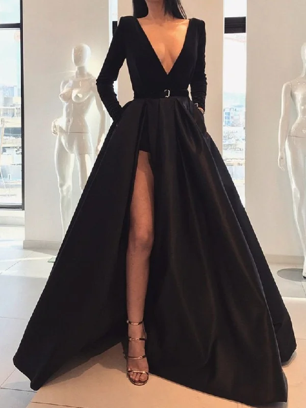 Markdowns A Line Deep V Neck Black/Burgundy Long Sleeves Satin Prom Dresses With Leg Slit, Black/Burgundy Formal Dresses, Graduation Dresses, Evening Dresses