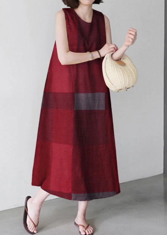 Factory Direct Sale Unique Red O-Neck Plaid Maxi Dress Sleeveless