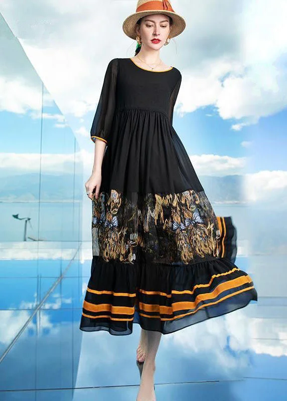 Discount Deals Italian Black O Neck Wrinkled Patchwork Print Silk Beach Holiday Dresses Summer