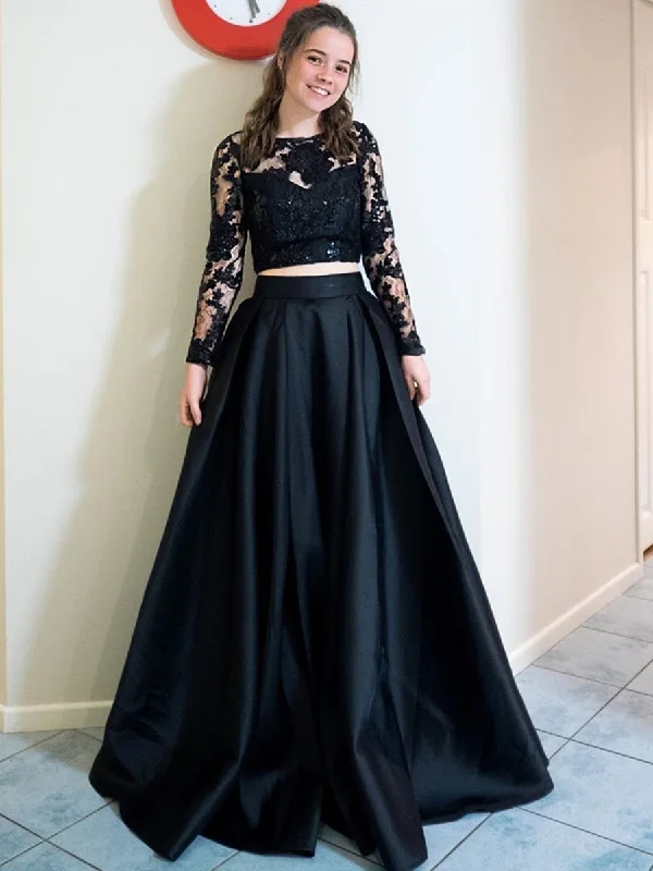 Referral Discount Round Neck Long Sleeves Two Pieces Black Lace Long Prom Dresses, 2 Pieces Black Lace Formal Graduation Evening Dresses Referral Discount Round Neck Long Sleeves Two Pieces Black Lace Long Prom Dresses, 2 Pieces Black Lace Formal Graduation Evening Dresses