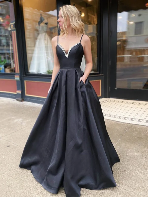 Shop and Save A Line V Neck Backless Black Long Prom Dresses with Beadings, Backless Black Formal Dresses, Black Evening Dresses
