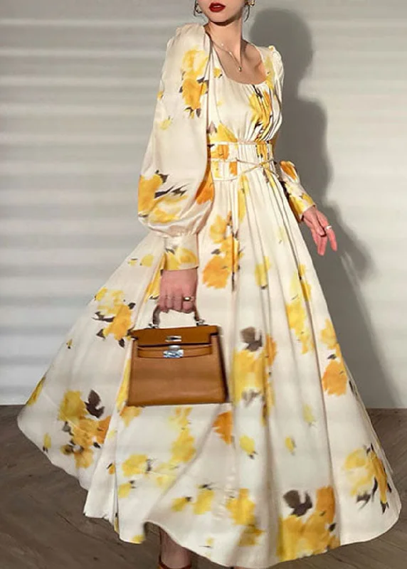 romantic dressromantic dressFrench Yellow Print Square Collar Exra Large Hem Silk Maxi Dresses Long Sleeve