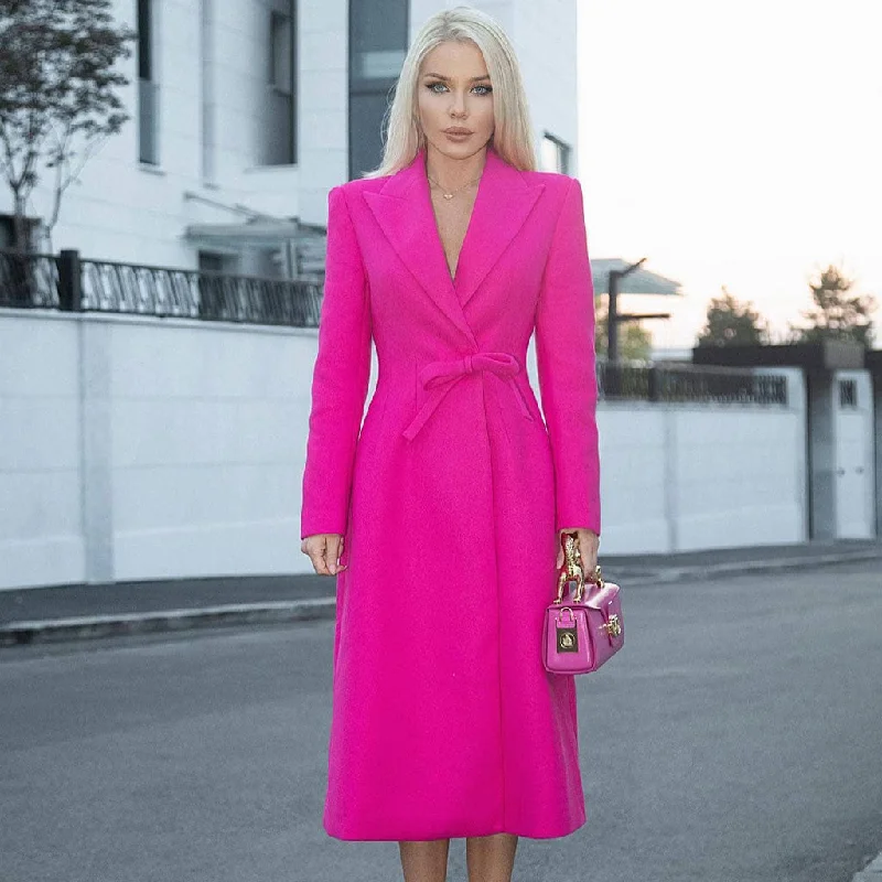 Midnight Madness Elegant Notched Lapel Bow Waist Padded Long Sleeve Wool Blend Wrap Coat