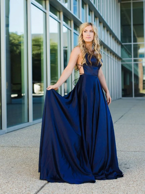 Super Sale A Line Backless Navy Blue Satin Long Prom Dresses, Backless Navy Blue Formal Graduation Evening Dresses SP2467