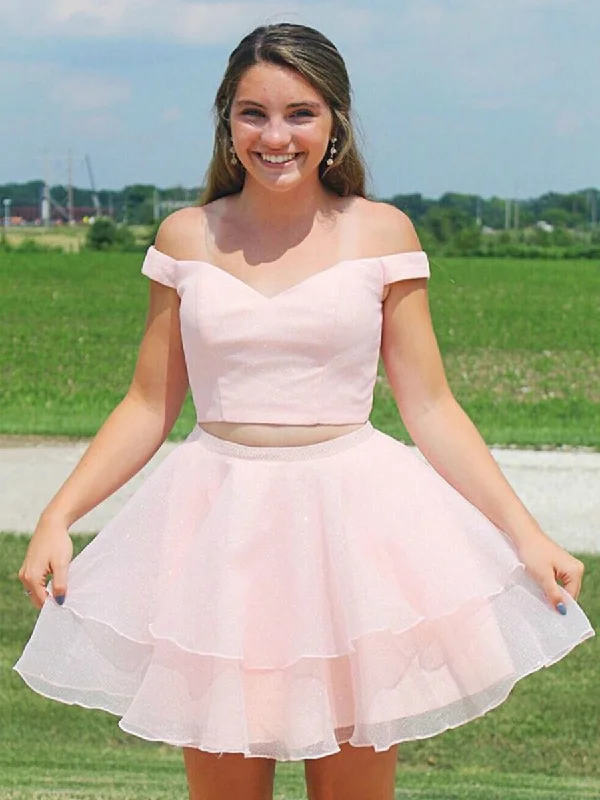 Savings Galore Two Pieces Off the Shoulder Pink Short Prom Dresses Homecoming Dresses with Cross Back, Off Shoulder Two Piece Pink Formal Graduation Evening Dresses