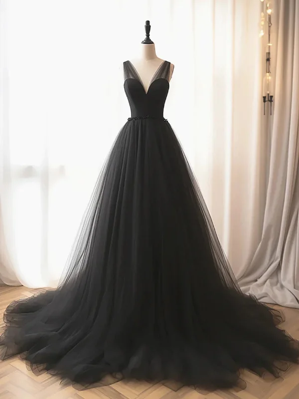 formal dressformal dressA Line V Neck Black Tulle Long Prom Dresses, Long Black Formal Graduation Evening Dresses SP2917