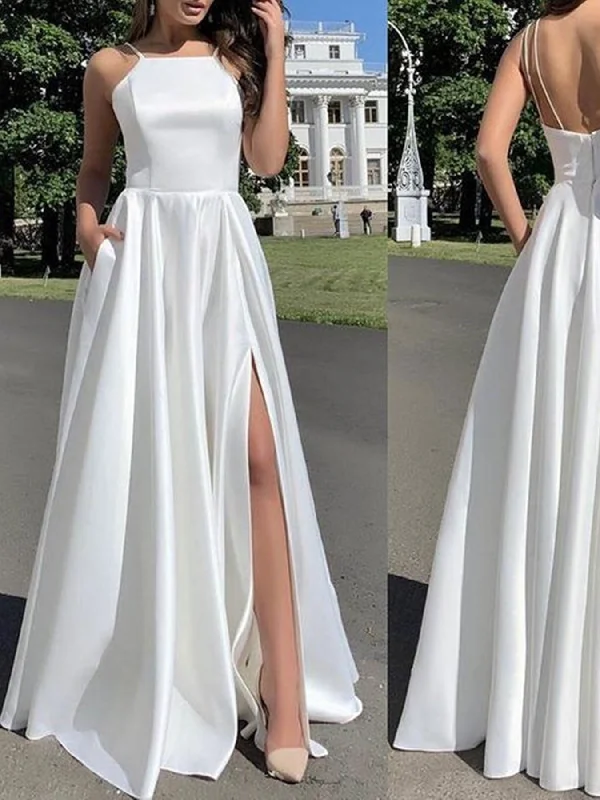 Must-Have Deals Simple Open Back White Satin Long Prom Dresses with High Slit, Long White Formal Graduation Evening Dresses SP2213 Must-Have Deals Simple Open Back White Satin Long Prom Dresses with High Slit, Long White Formal Graduation Evening Dresses SP2213