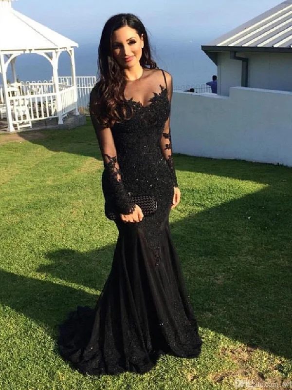 casual dresscasual dressLong Sleeves Mermaid Lace Black Prom Dress, Lace Black Mermaid Formal Dress, Evening Dress, Party Dress