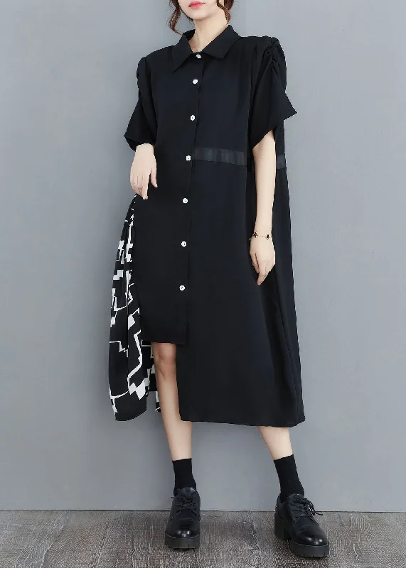 relaxed fit dressrelaxed fit dressArt Black Asymmetrical Patchwork Cotton Shirt Dress Summer