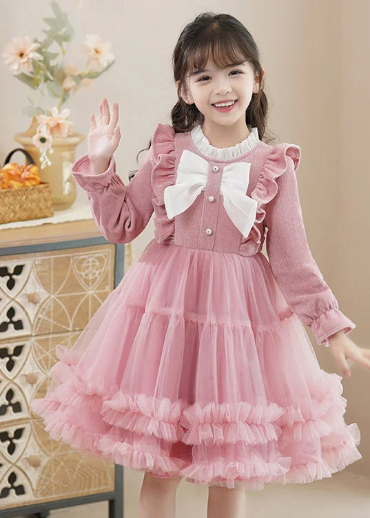 Bargain Bin Pink Bow Patchwork Tulle Baby Girls Princess Dress Ruffled Fall