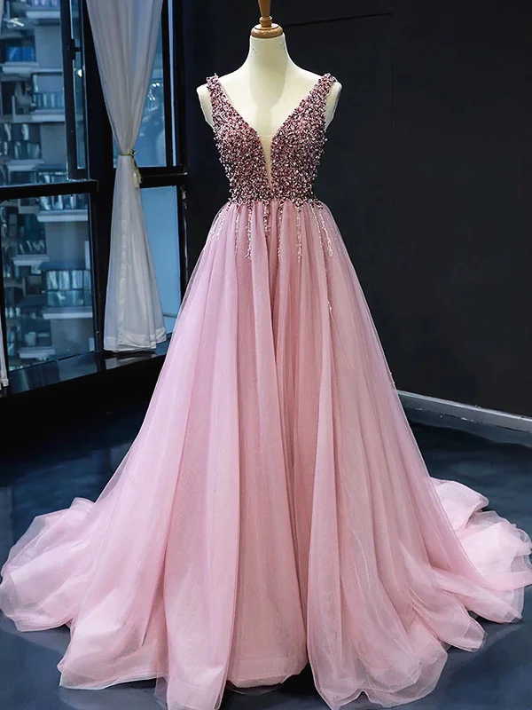 Referral Discount A Line V Neck Pink Prom Dresses with Corset Back, Pink V Neck Formal Bridesmaid Dresses
