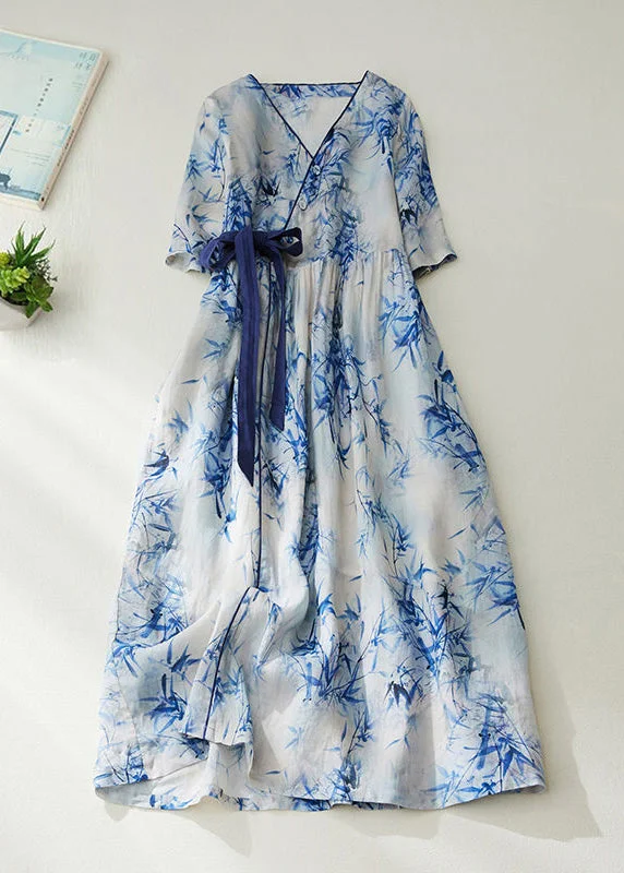 layered dresslayered dressWomen Blue V Neck Tie Waist Print Linen Cinched Dress Summer