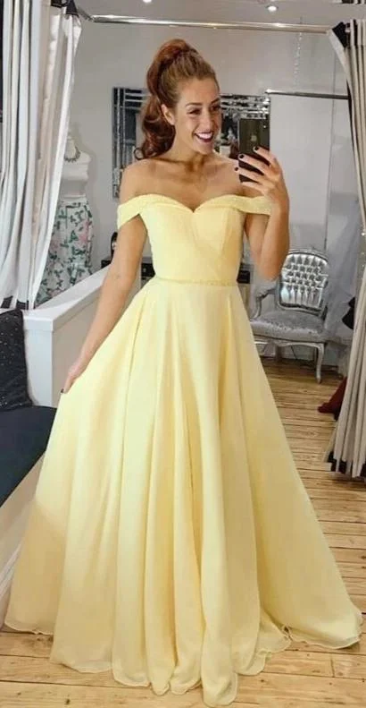 elegant dresselegant dressBeaded Off Shoulder Sleeve Yellow Prom Dress