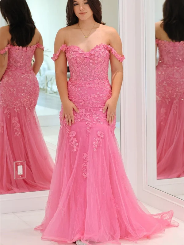 off-the-shoulder dressoff-the-shoulder dressOff Shoulder Mermaid Pink Lace Long Prom Dresses with Appliques, Mermaid Pink Formal Dresses, Pink Lace Evening Dresses SP2850