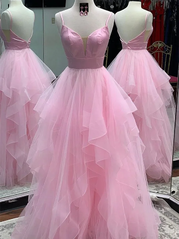 Blowout Deals Princess V Neck Backless Pink Prom Dresses, Backless Pink Formal Dresses, Fluffy Pink Evening Dresses, Pink Ball Gown