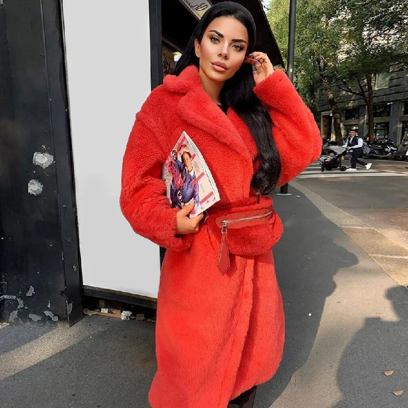 Today's Special Luxury Long Sleeve Notch Collar Midi Faux Fur Coat - Red