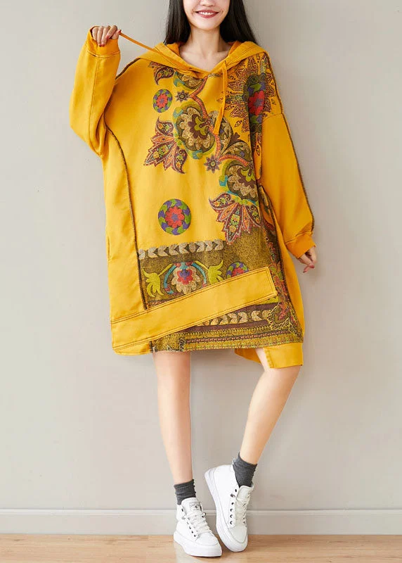 sleek midi dresssleek midi dressPlus Size Yellow Hooded Asymmetrical Design Patchwork Cotton Mid Dresses Spring