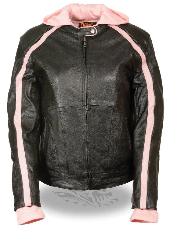 Friends and Family Sale Milwaukee Leather SH1951 Women's Black and Pink Striped Leather Jacket with Zip-Out Hoodie Friends and Family Sale Milwaukee Leather SH1951 Women's Black and Pink Striped Leather Jacket with Zip-Out Hoodie