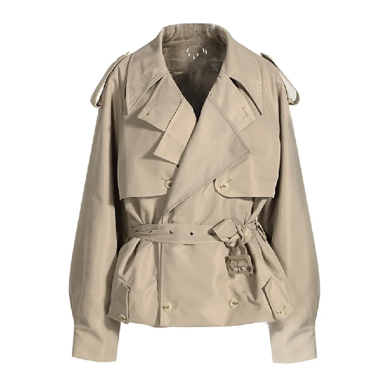 Special Discount Oversized Folded Lapel Double Breasted Belted Cotton Twill Short Trench Coat Special Discount Oversized Folded Lapel Double Breasted Belted Cotton Twill Short Trench Coat