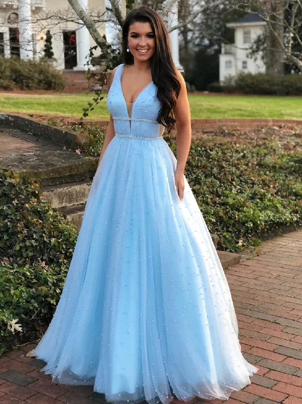 bohemian dressbohemian dressA Line V Neck Beading Light Blue Long Prom Dresses with Beaded Belt, Blue Formal Dresses, Evening Dresses