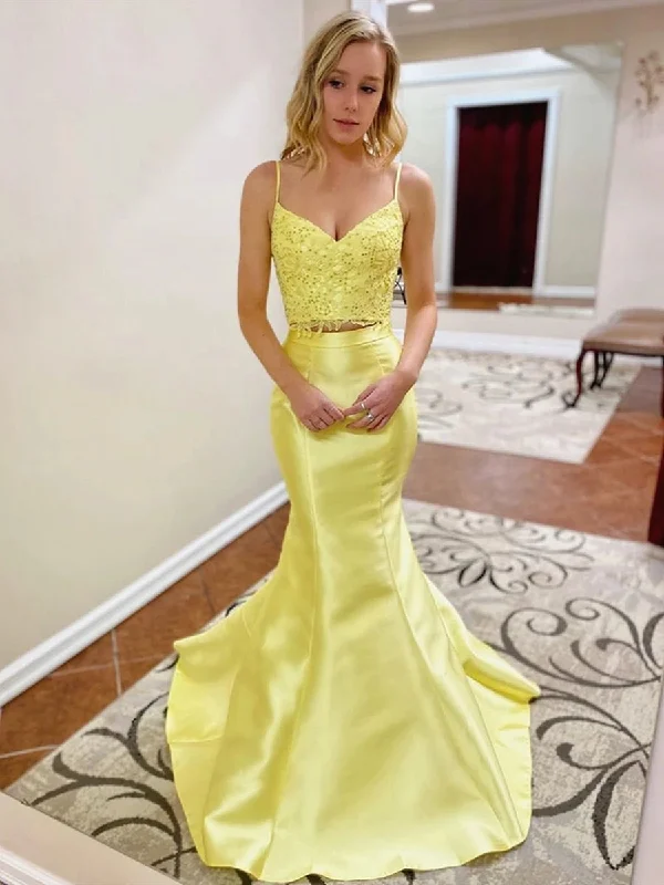 Price Rollback V Neck Two Pieces Beaded Mermaid Lace Long Yellow Prom Dresses, Two Pieces Lace Yellow Formal Dresses, Mermaid Lace Yellow Evening Dresses