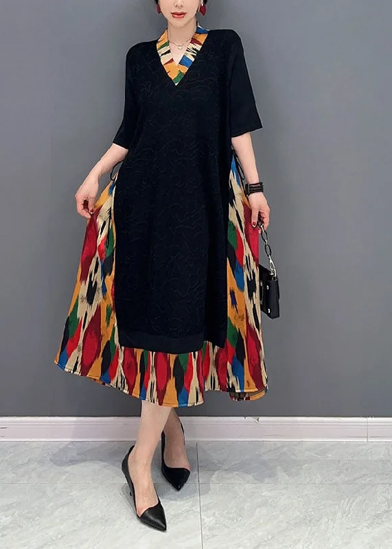 Price Blitz French Black V Neck Patchwork Fake Two Piece Dress Summer