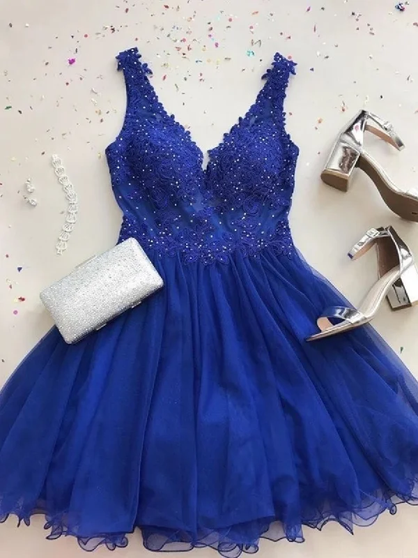 flowy evening dressflowy evening dressA Line V Neck Beaded Lace Royal Blue Short Prom Dresses Homecoming Dresses, Royal Blue Lace Formal Dresses, Lace Evening Dresses