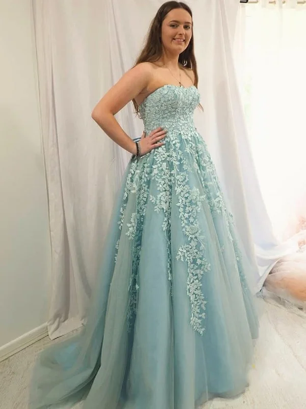 Limited Stock Sweetheart Neck Strapless Blue Lace Long Prom Dresses, Ice Blue Lace Formal Graduation Evening Dresses Limited Stock Sweetheart Neck Strapless Blue Lace Long Prom Dresses, Ice Blue Lace Formal Graduation Evening Dresses
