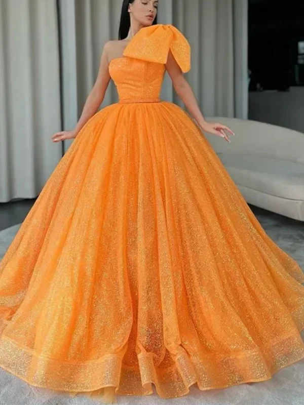 backless dressbackless dressShiny Tulle One Shoulder Orange Long Prom Dresses, Orange Tulle Formal Evening Dresses, Ball Gown SP2623