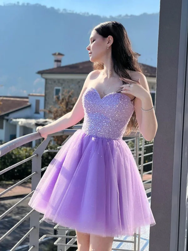 office dressoffice dressShiny Sweetheart Neck Purple Sequins Prom Dresses, Strapless Lilac Homecoming Dresses, Short Purple Formal Graduation Evening Dresses SP2719