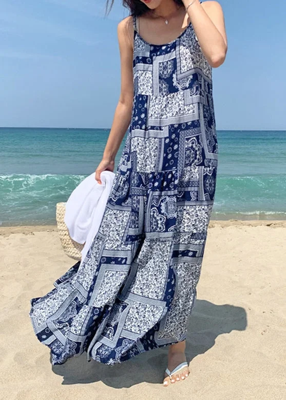 one-shoulder dressone-shoulder dressBohemian Women Sleeveless O-Neck Printed Maxi Tank Dress Floral Blue