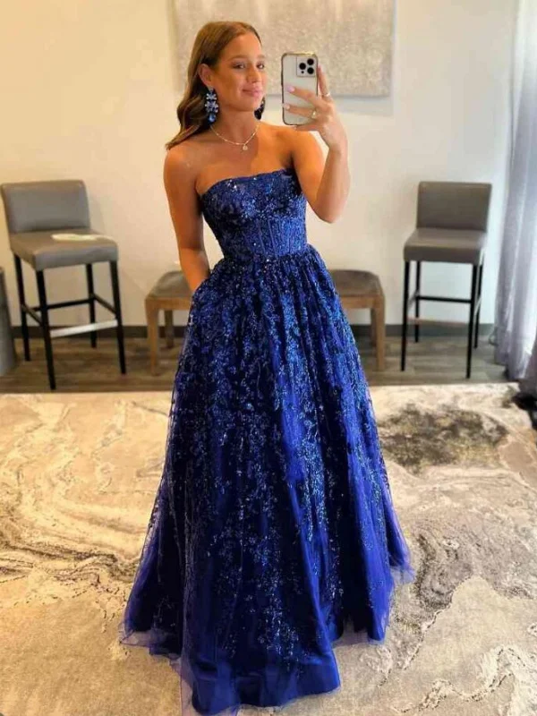 lace dresslace dressStrapless Navy Blue Lace Long Prom Dresses with Pocket, Navy Blue Lace Formal Dresses, Navy Blue Evening Dresses SP2877