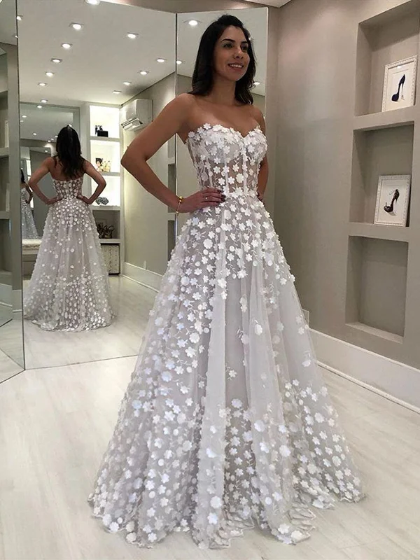 Deal Alert Charming Strapless Light Gray Long Prom Dresses with White Appliques, White Floral Light Gray Wedding Dresses, Formal Evening Dresses