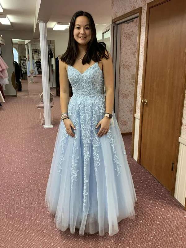 layered dresslayered dressA Line V Neck Backless Light Blue Lace Long Prom Dresses, Light Blue Lace Formal Dresses, Light Blue Evening Dresses SP2935