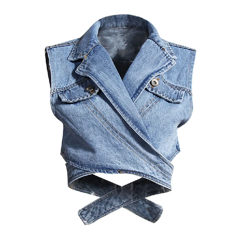 Don’t Miss Out Trendy Crossover Wrap Lapel Collar Cropped Denim Vest