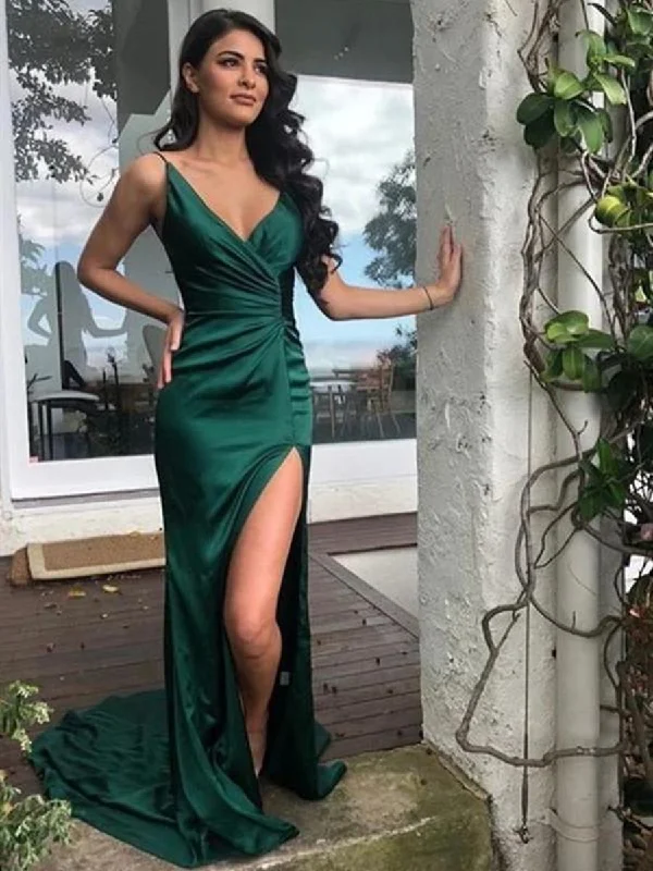 Buy More, Save More Newest V Neck Mermaid Emerald Green Long Prom Dresses with Split, Mermaid Emerald Green Formal Dresses, Emerald Green Evening Dresses