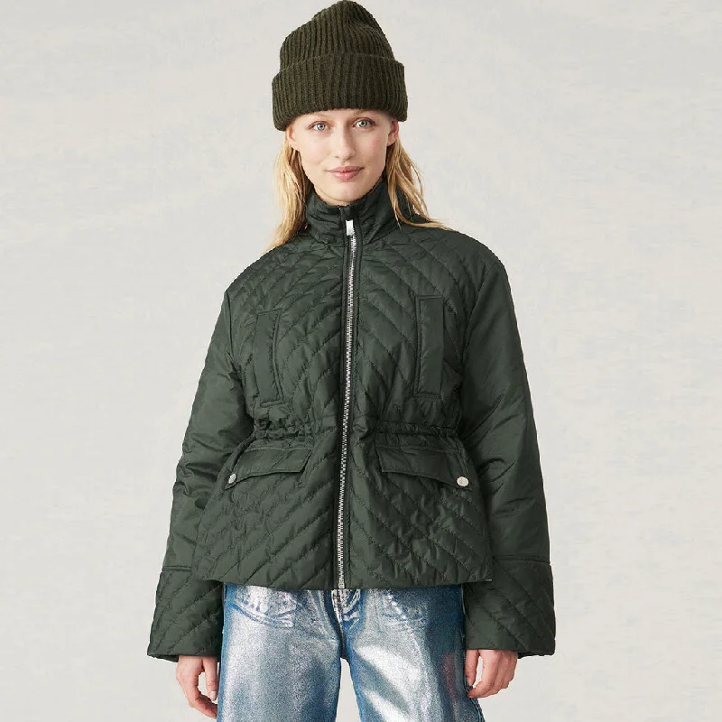 Lowest Price Asymmetric Long Sleeve Zip Front High Collar Quilted Coat - Green
