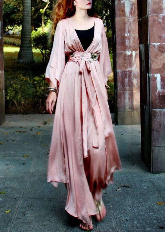 off-shoulder dressoff-shoulder dressWomen Light Pink V Neck Asymmetrical Exra Large Hem Silk Beach Cinch Dress Spring